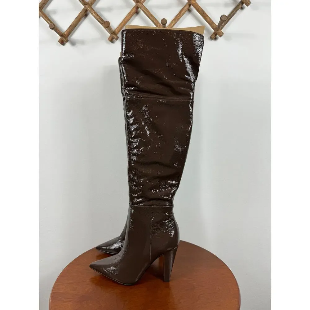 New Vince Camuto Minnada Wide-Calf Over-The-Knee Boot in Root Beer Patent Size 7